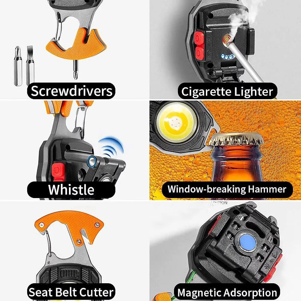 Keychain LED Flashlights – Rechargeable Torch with 7 Light Modes, Lighter, Whistle, Screwdriver, Bottle Opener, Magnet Base, 800 Lumens COB Light for Camping and Outdoor Emergency